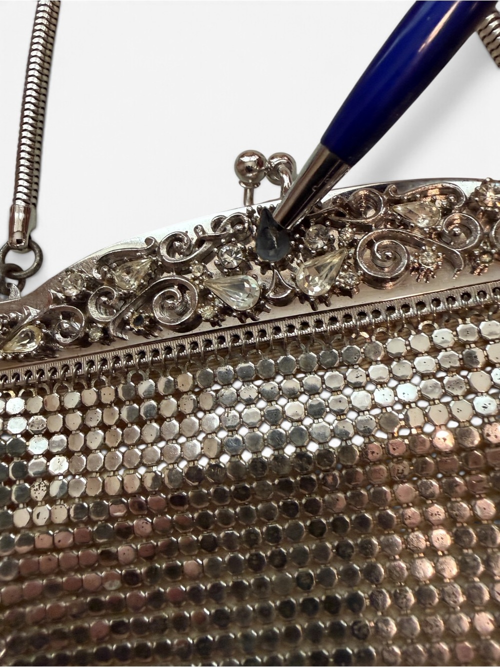 Whiting and Davis vintage silver mesh bag with rhinestone trim - Picture 5 of 8